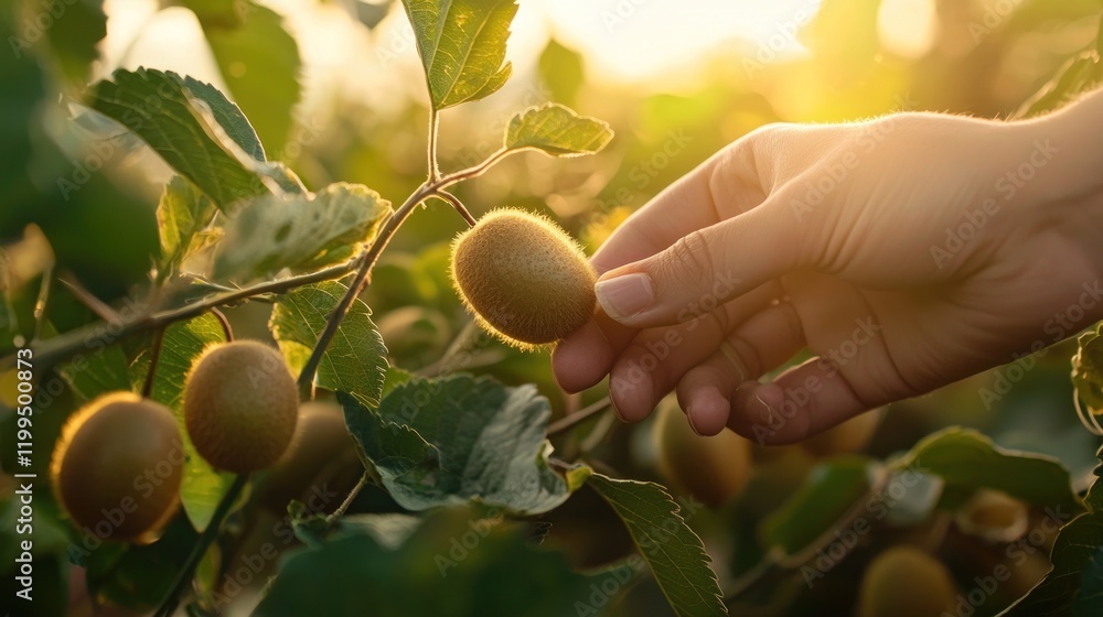 Hand picking ripe kiwi fruit from vine at sunset. Hand picking ripe kiwi fruit from vine at sunset.