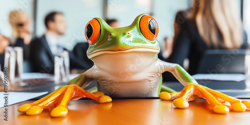 Colorful frog in a business meeting at a modern office