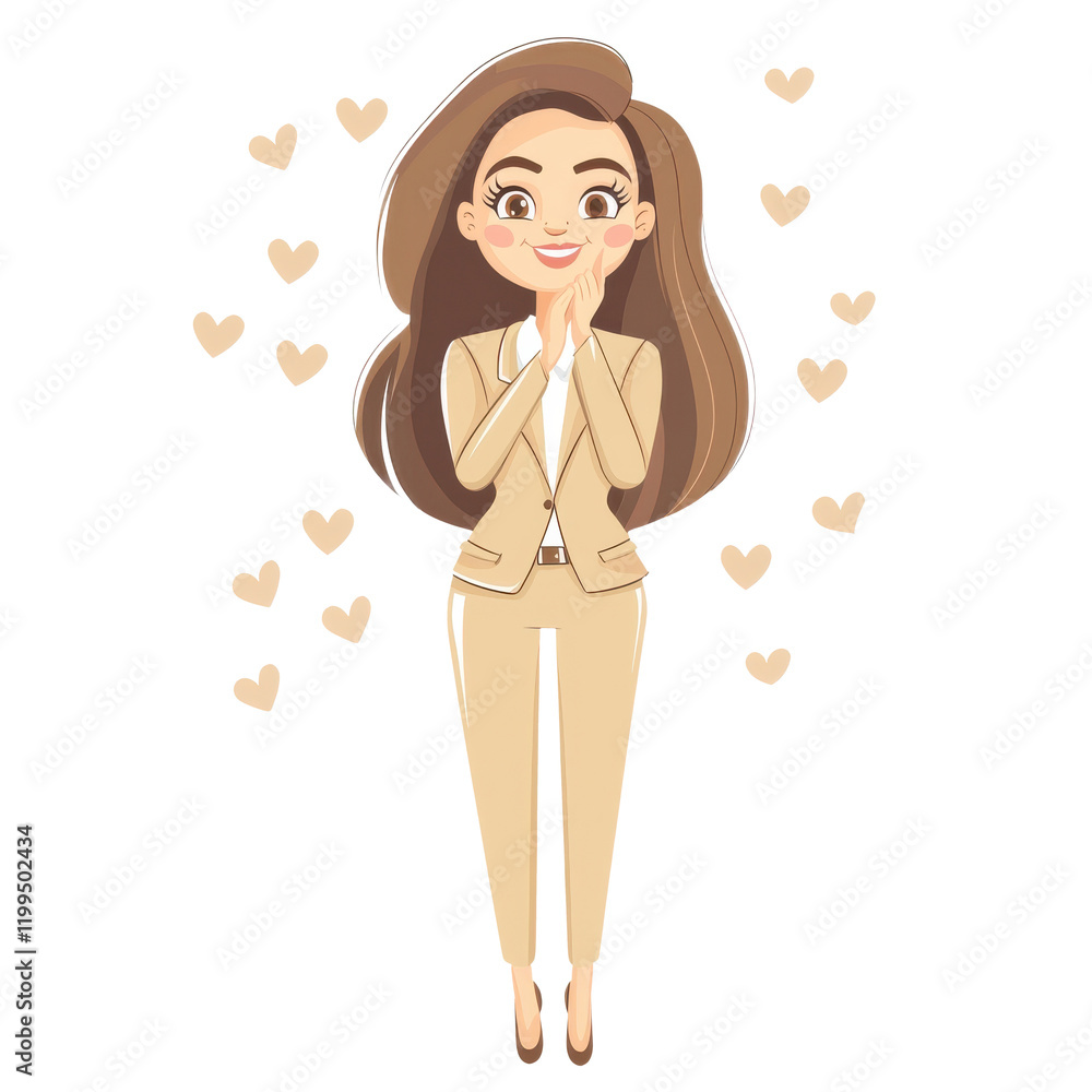 cartoon woman in beige suit expressing joy with hearts around her cartoon woman in beige suit expressing joy with hearts around her