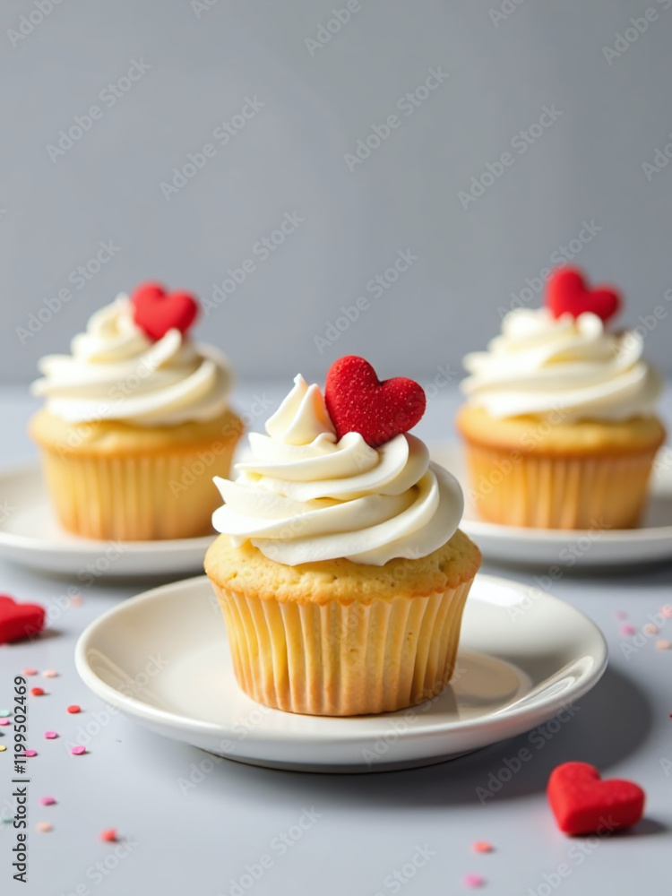 Vanilla Muffins With Buttercream Frosting And Red Sugar Hearts Sit On Three Plates Against A Neutral Grey Background. 00003 Vanilla Muffins With Buttercream Frosting And Red Sugar Hearts Sit On Three Plates Against A Neutral Grey Background. 00003