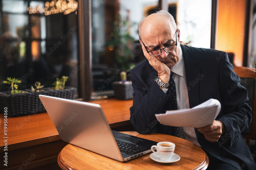 Worried senior businessman in suit with eyeglasses analyzing documents and using laptop while drinking coffee and sitting in the city cafe. Worried senior businessman in suit with eyeglasses analyzing documents and using laptop while drinking coffee and sitting in the city cafe.