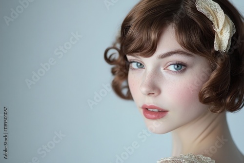 Elegant portrait featuring soft curls and delicate makeup, exudi photo