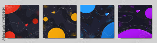 Vector illustration. Abstract space background with geometric planets, rockets, and stars. Futuristic cosmic design with dynamic paths and vibrant colors. Design for web banner, social media template