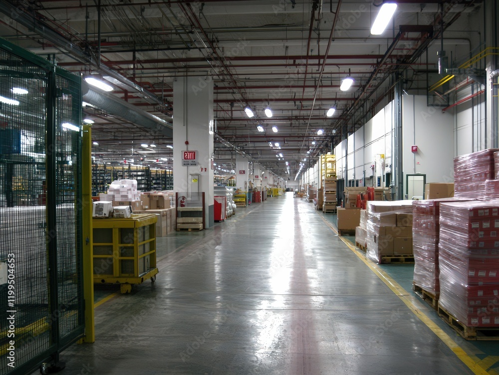 Vast industrial warehouse filled with shelves and stacked boxes during busy work hours Vast industrial warehouse filled with shelves and stacked boxes during busy work hours