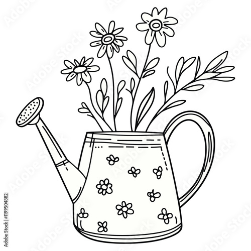 Watering can with flowers doodle art watering simple vector