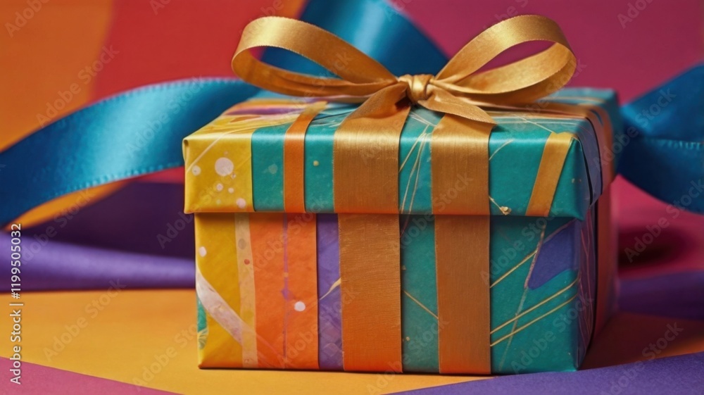 A colorful box with a gold ribbon tied around it A colorful box with a gold ribbon tied around it