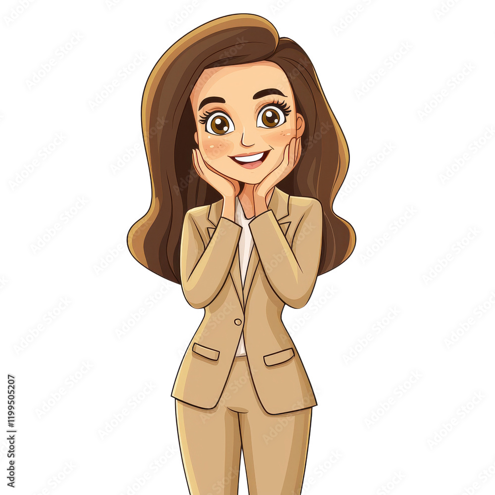 cartoon woman in beige suit smiling with hands on her cheeks, expressing joy and excitement cartoon woman in beige suit smiling with hands on her cheeks, expressing joy and excitement