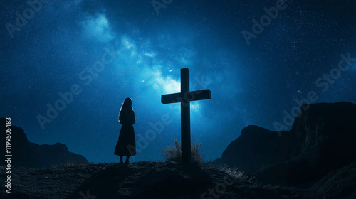 Women Praying Near Wooden Cross Under Starry Night Symbolizing Jesus Crucifixion and Faith