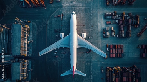 Airplane parked at night on a busy airport runway surrounded by service vehicles and bright lights photo