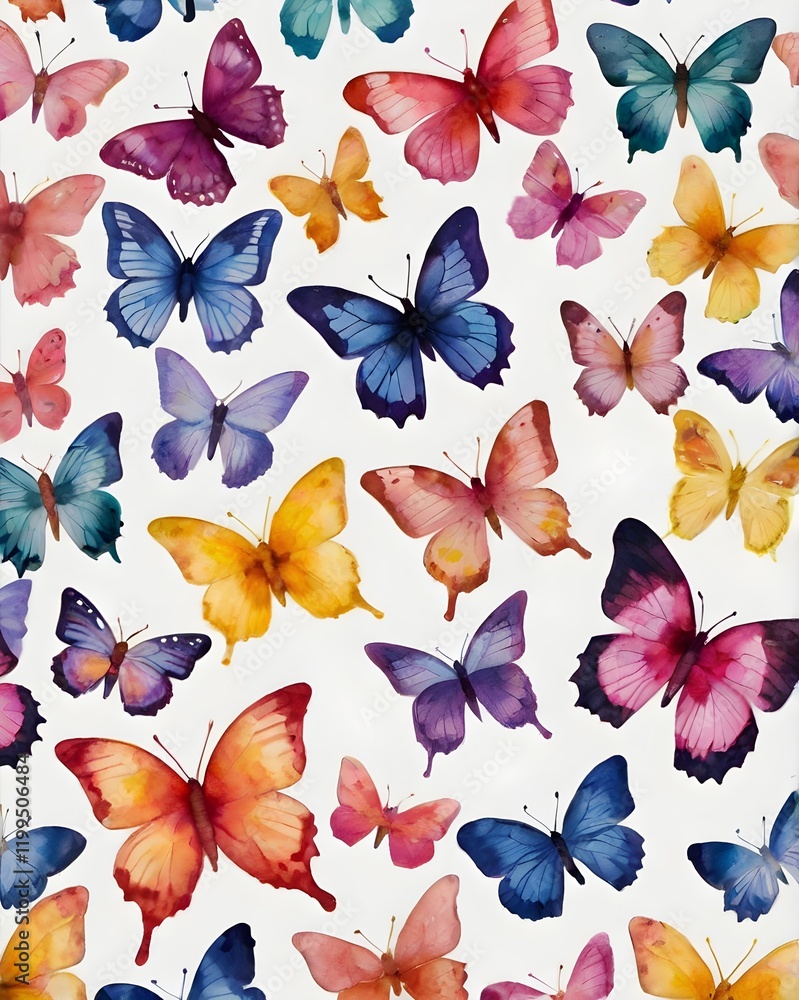 Obraz premium Beautiful watercolor butterflies seamless pattern on white background
