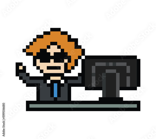 Cartoon cute pixel cartoon 8bit character business man businessman smart work game for decoration business 8 bit male career smart character game 8bit png vector.