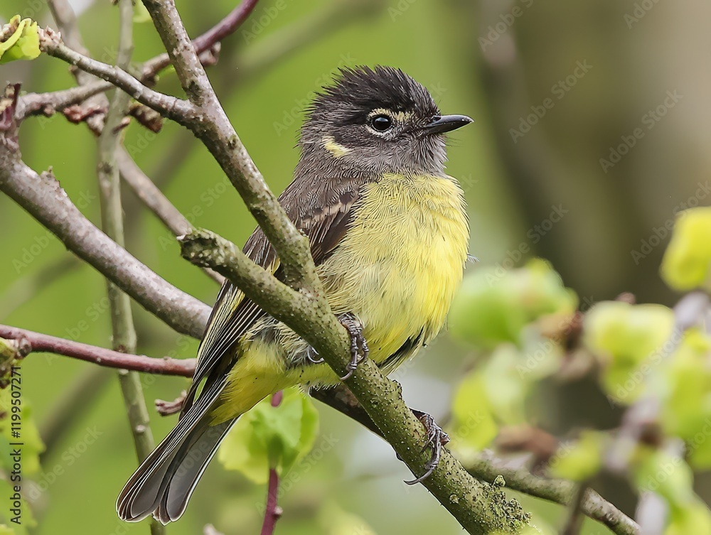 Colorful bird perched on a branch surrounded by fresh green leaves in a serene setting Colorful bird perched on a branch surrounded by fresh green leaves in a serene setting