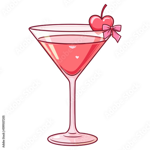 A glass of martini decorate with heart shaped cherry on the rim and bow ribbon decorate on the stem illustration cocktail drink vector