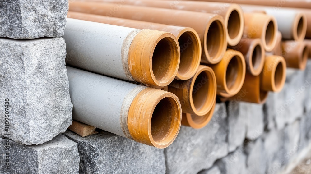 Large rolls of polyethylene pipe and cables are laid out in a narrow alleyway of an ancient city, ready for water system installation. Large rolls of polyethylene pipe and cables are laid out in a narrow alleyway of an ancient city, ready for water system installation.