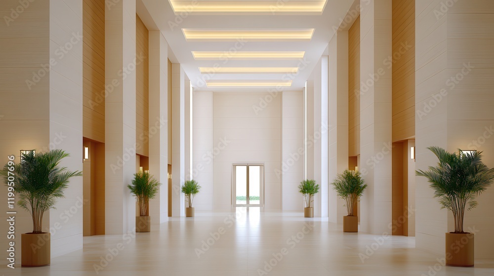 Fototapeta premium Luxury hotel interior with exclusive lighting Modern lobby with minimalistic design and greenery accents.