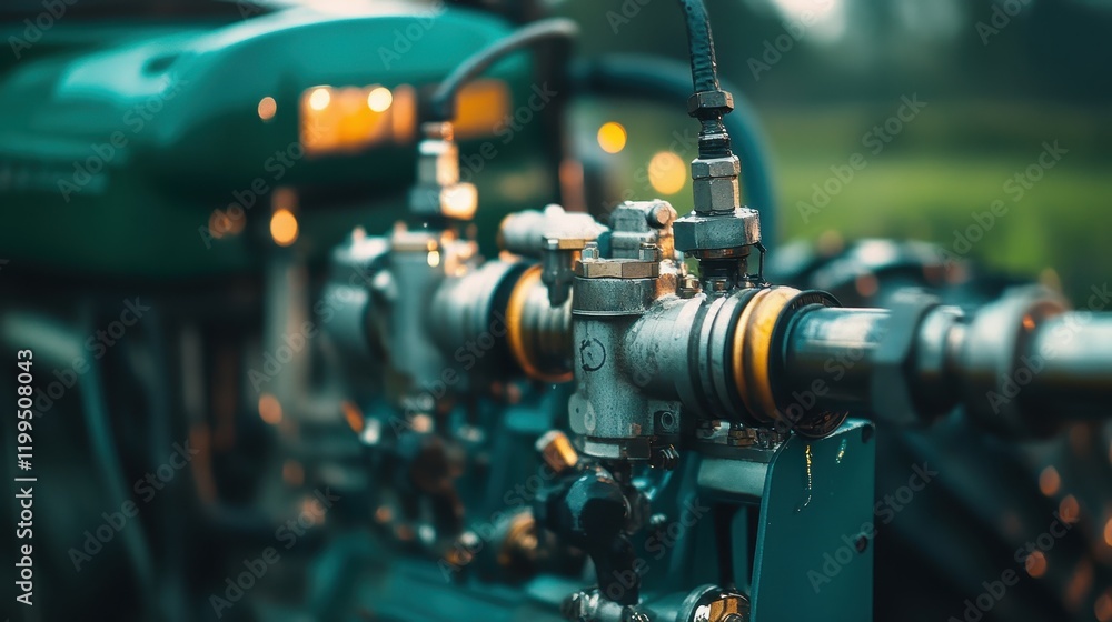 Fototapeta premium Detailed view of agricultural irrigation equipment in use on a sunny afternoon in the countryside
