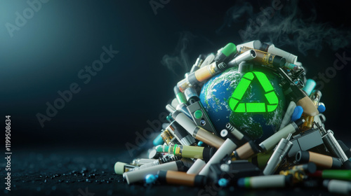 Artistic heap of vapes and electronic waste forming globe with glowing green eco sign
