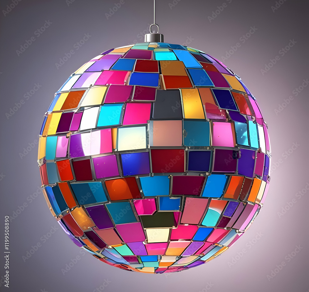 A colorful disco ball hanging on white background A colorful disco ball hanging on white background