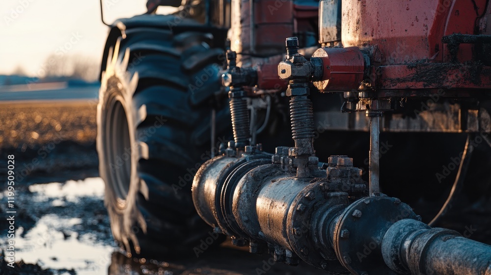 Detailed view of agricultural irrigation equipment in use on a sunny afternoon in the countryside Detailed view of agricultural irrigation equipment in use on a sunny afternoon in the countryside