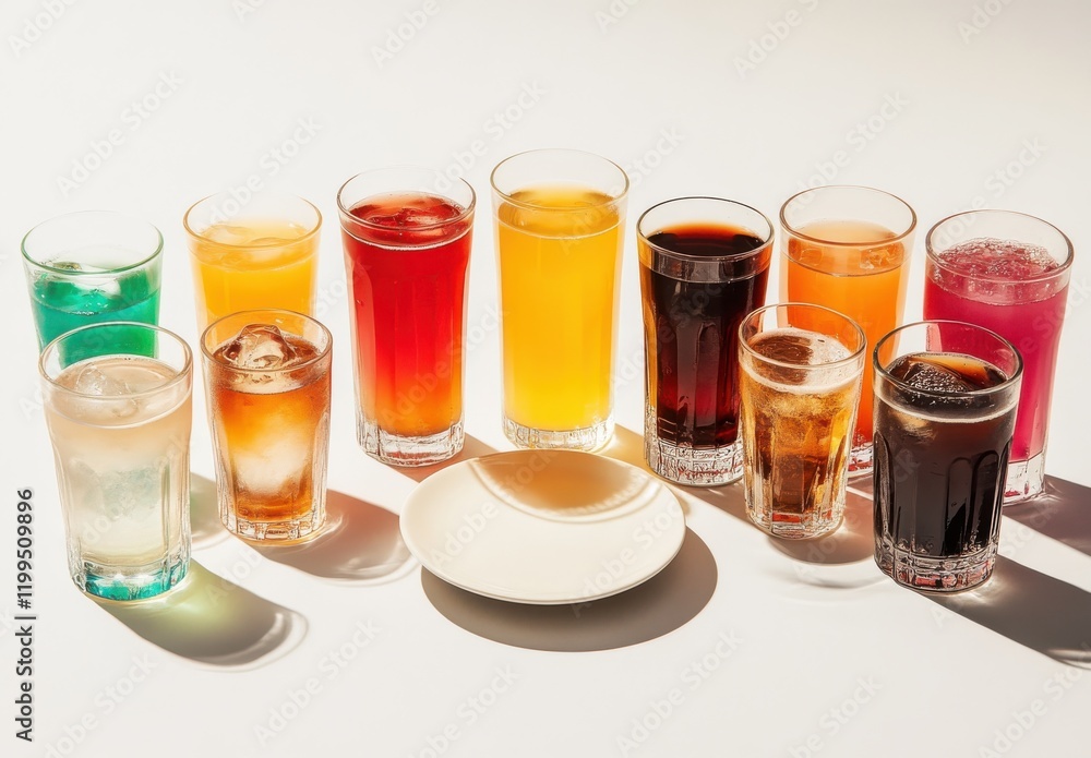 Colorful Array of Refreshing Beverages in Clear Glasses Displayed on a Minimalist Surface Ideal for Beverage Advertising and Marketing Concepts Colorful Array of Refreshing Beverages in Clear Glasses Displayed on a Minimalist Surface Ideal for Beverage Advertising and Marketing Concepts