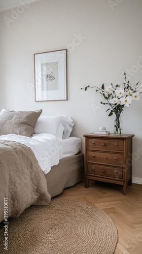 Stylish Scandinavian bedroom features white walls, beige bed linen, a wooden nightstand, and morning light illuminating floral decor