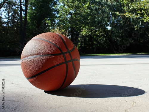 Basketball positioned on a sunlit court surrounded by lush greenery photo