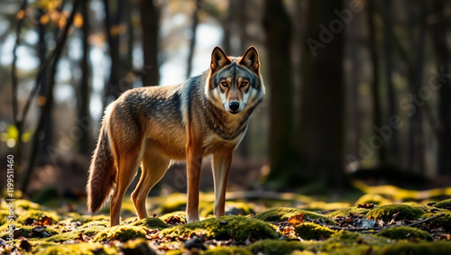 Wolf-like dog, forest setting, golden autumn leaves, dappled sunlight, ethereal atmosphere, shallow depth of field, cinematic lighting, majestic pose, realistic fur detail, sharp focus, high resolutio photo