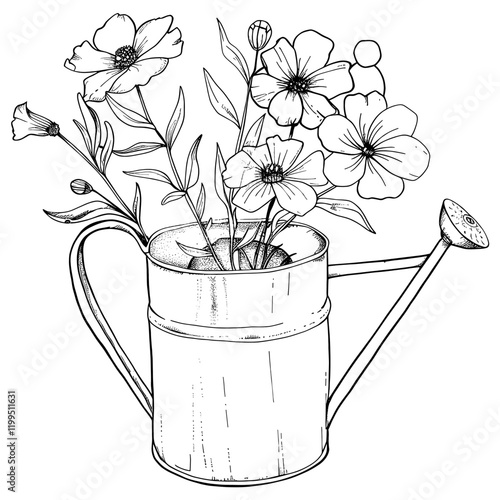 Flowers growing in an old watering can drawing sketch white vector