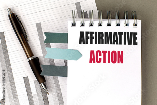 Notebook with the words Affirmative Action placed on financial documents with a pen and sticky notes photo