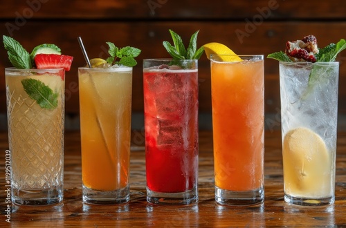 Colorful assortment of refreshing cocktails with fruits and herbs served in tall glasses on a wooden table, perfect for summer gatherings and special occasions.