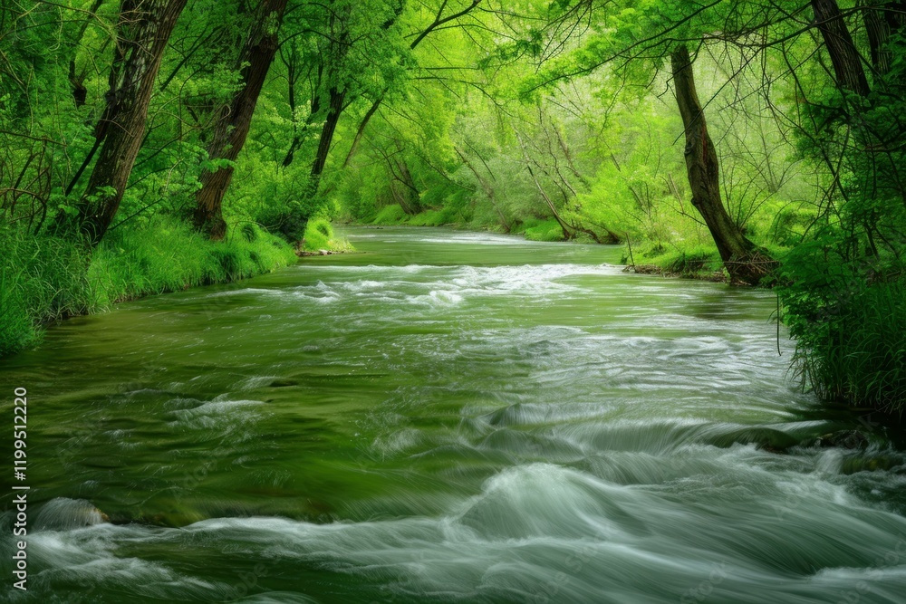 Crystal clear river flowing through a vibrant green forest, creating a serene and idyllic natural landscape Crystal clear river flowing through a vibrant green forest, creating a serene and idyllic natural landscape
