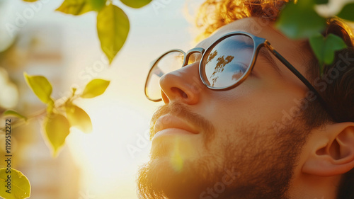 man with sunglasses gazes upward, surrounded by green leaves, as sunlight creates warm, serene atmosphere. reflections in his glasses add depth to scene photo