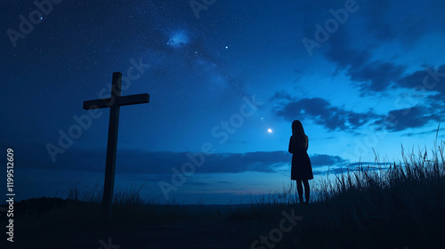 Women Praying Near Wooden Cross Under Starry Night Symbolizing Jesus Crucifixion and Faith