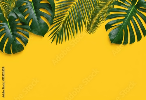 Tropical leaves and palm leaves on a yellow background photo