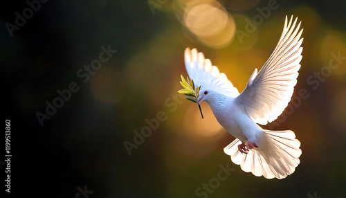 Stunning image of a white dove in flight, carrying an olive branch.  Soft, backlit lighting creates a peaceful, ethereal atmosphere, perfect for concepts of peace, hope, and new beginnings.