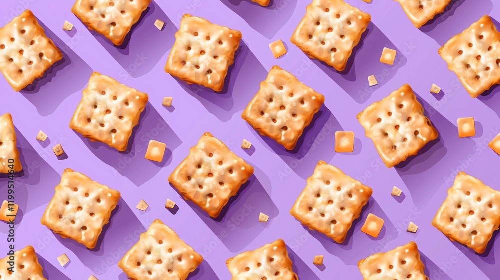 Delicious Crackers on Violet Background Flat Lay Cartoo Delicious Crackers on Violet Background Flat Lay Cartoo