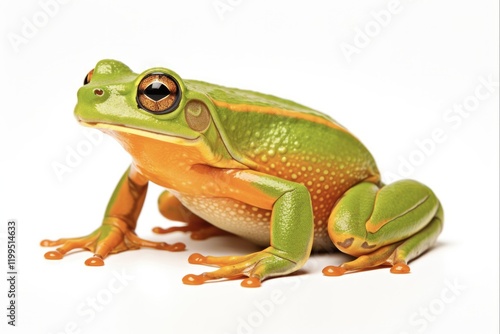 Nature's Princes: Green and Orange Tree Frog Closeup, Isolated on White Background, Capturing the Beauty of Amphibian Wildlife photo