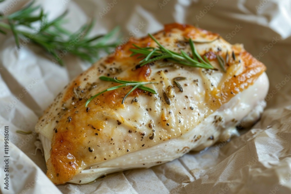 Delicious roasted chicken breast seasoned with rosemary and spices, resting on baking paper, ready to be enjoyed Delicious roasted chicken breast seasoned with rosemary and spices, resting on baking paper, ready to be enjoyed
