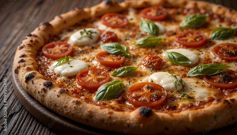 A close-up view of a Margherita pizza, showcasing the fresh mozzarella, ripe tomatoes, and fresh basil A close-up view of a Margherita pizza, showcasing the fresh mozzarella, ripe tomatoes, and fresh basil