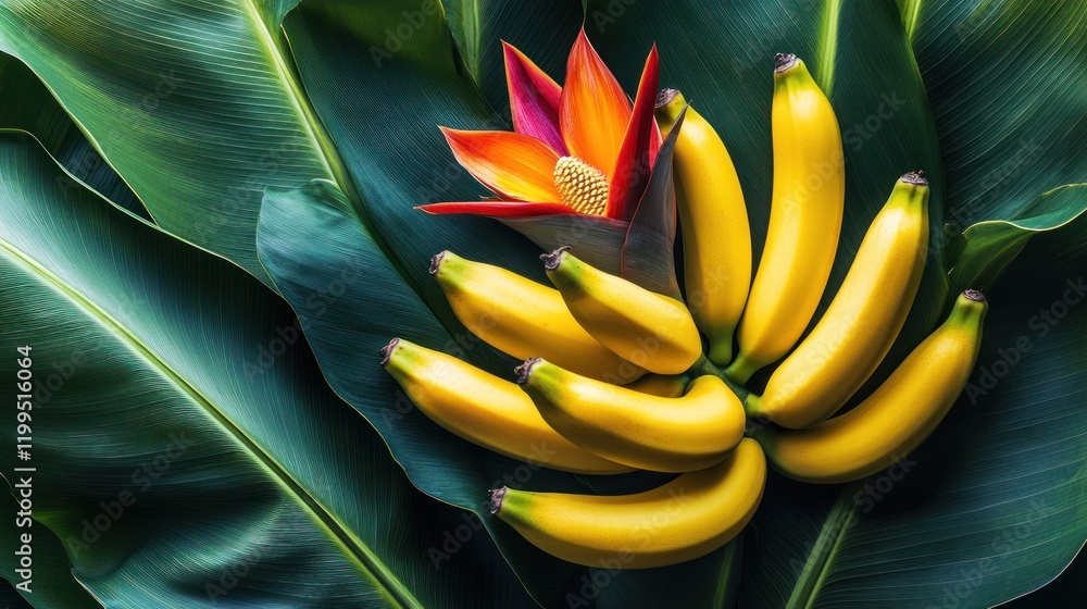 Fototapeta premium Ripe yellow bananas bunch with vibrant flower on tropical leaves.