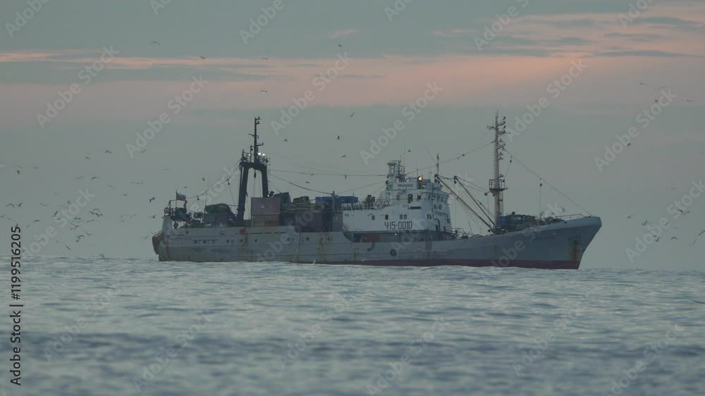 Fishing Trawler Ocean Vessel: Coastal waters, sunrise, commercial fishing operation.