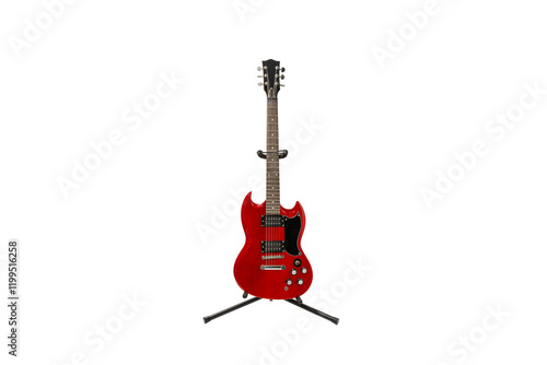 A red guitar stands on a stand. Guitar on a transparent background. The guitar is not used.