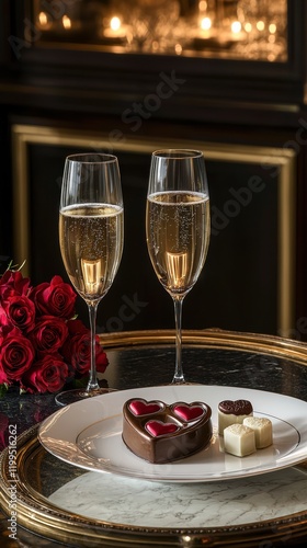 Romantic valentines day table setting with roses and candlelight