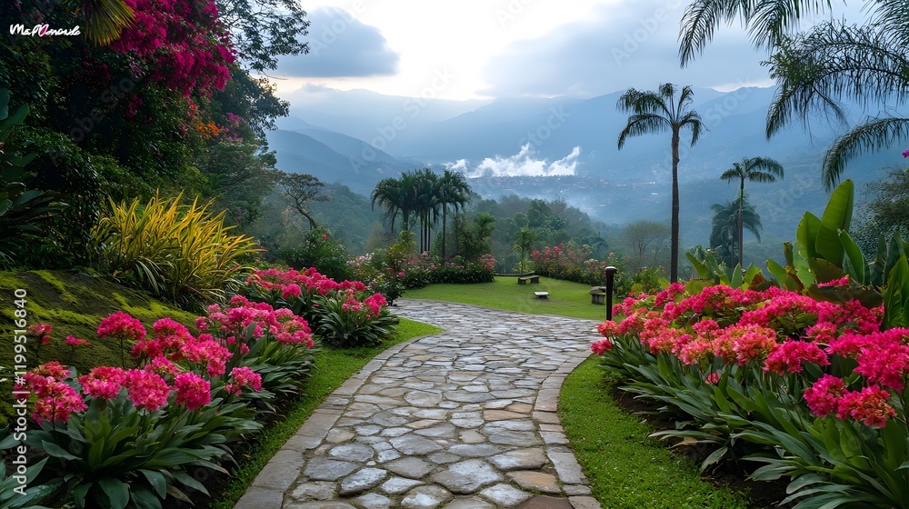 Naklejka premium 鮮やかな花が咲き誇る道