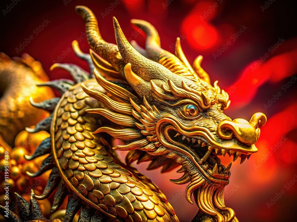 Fototapeta premium Macro Close-up of Gold Dragon Statue, Red Background - Stock Photo