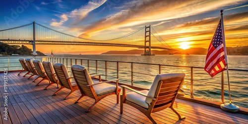 Luxury Yacht Deck Chairs San Francisco Bay Bridge American Flag Sunset Stock Photo