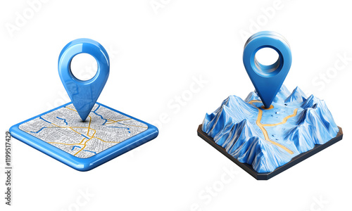 Set of the Blue location 3d icon marker or route gps position navigator sign isolated on transparent background
