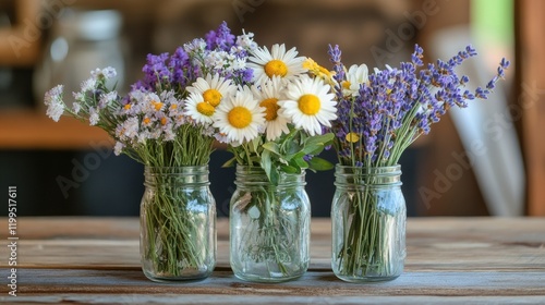 Wallpaper Mural Rustic flower arrangement featuring daisies and lavender in mason jars Torontodigital.ca