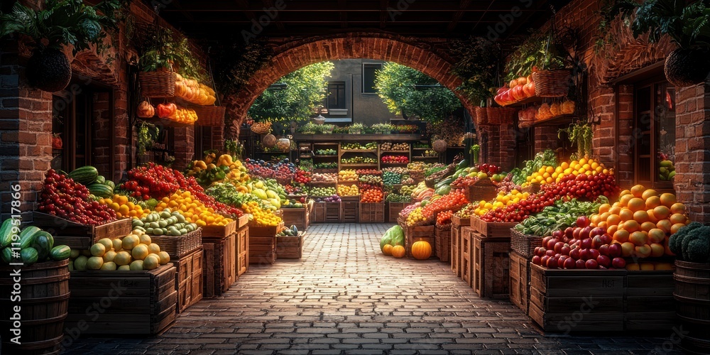 Vibrant Fruits and Vegetables at a Farmers Market Under an Archway Vibrant Fruits and Vegetables at a Farmers Market Under an Archway
