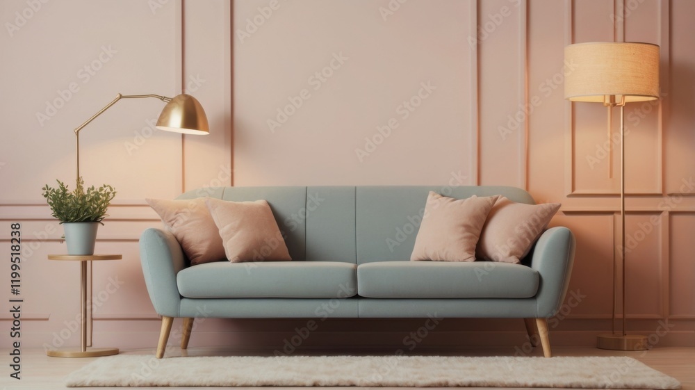 A living room with a couch and a lamp A living room with a couch and a lamp